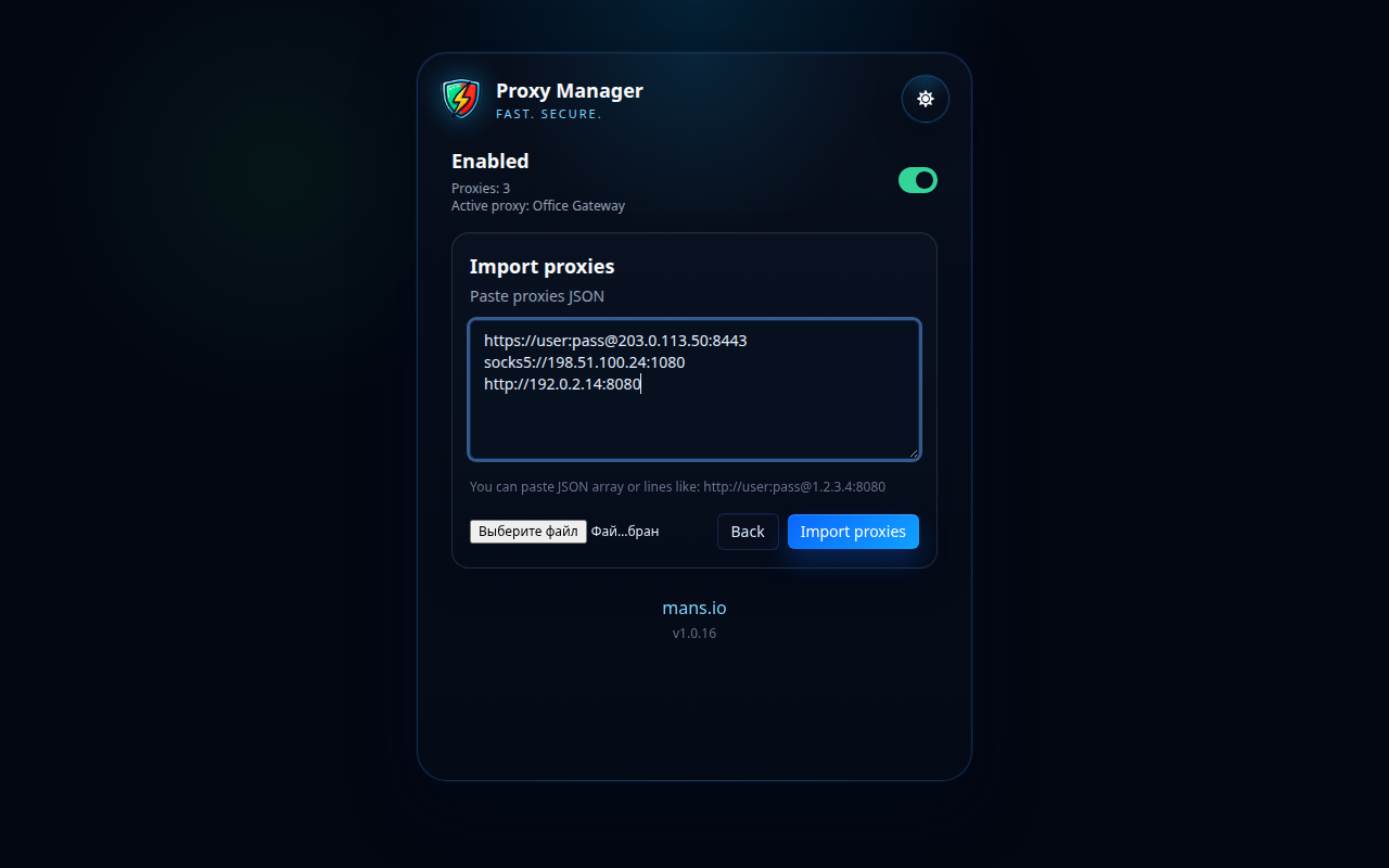 หน้าจอการนำเข้า Proxy Manager